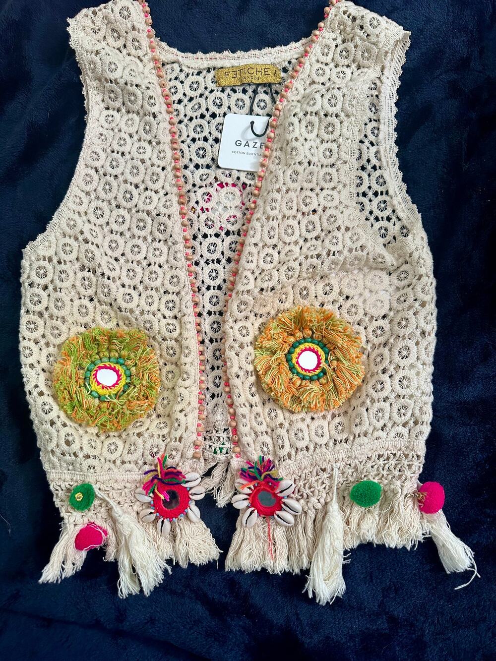 NWT FETICHE SUANCES BOHO CROCHET BANJARA VEST MIRRORS, SHELLS, BEADS, TASSELS